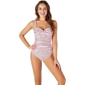 Bond-Eye Australia Swimsuit US Size 10 Red/White Stripped Ruched Padded Cup D/DD